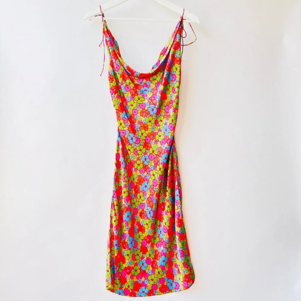 Frankies Bikinis Doll Face Silk Dress, multi color floral print, Size S O38